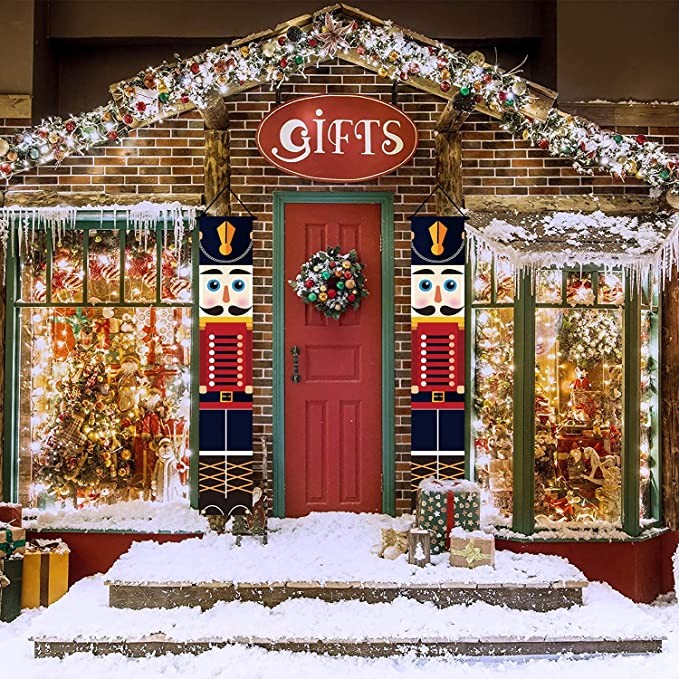 Nutcracker Christmas Decorations -Outdoor Christmas Porch hanging Decorations-Soldier Model Nutcracker Banners - for Holiday Outdoor Indoor Kids Garden Yard Party- 1 Pair