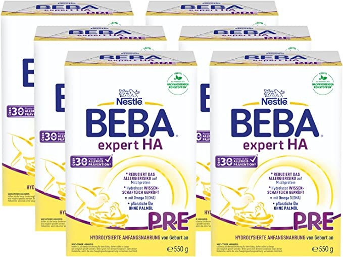 Nestlé BEBA EXPERT HA PRE Hydrolyzed Baby Milk Powder for Newborn 6 Bottles (6 x 550g)